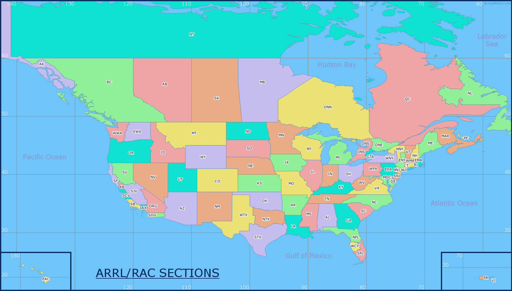 ARRL RAC Section Map for Ham Radio Contest Operators Click to open this map in a new browser