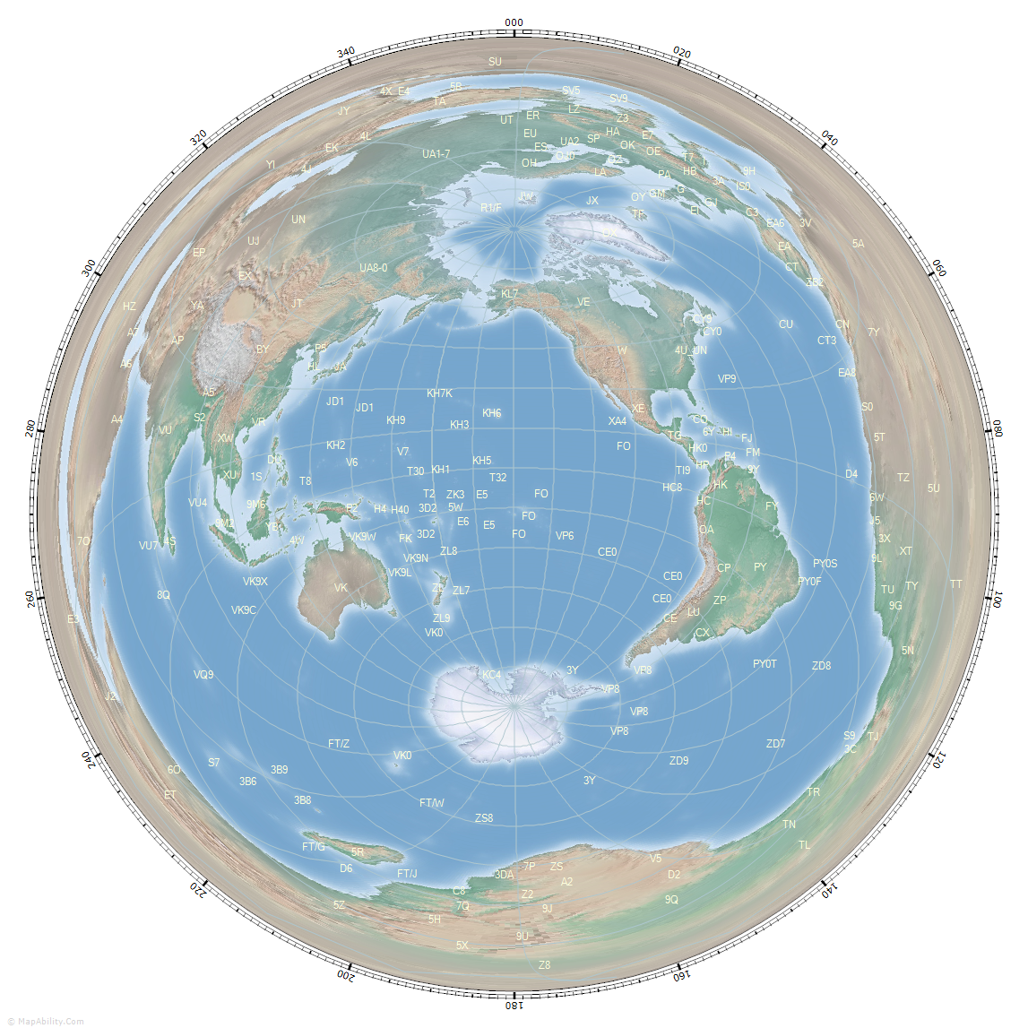great_circle_map_for_Papeete, French Polynesia