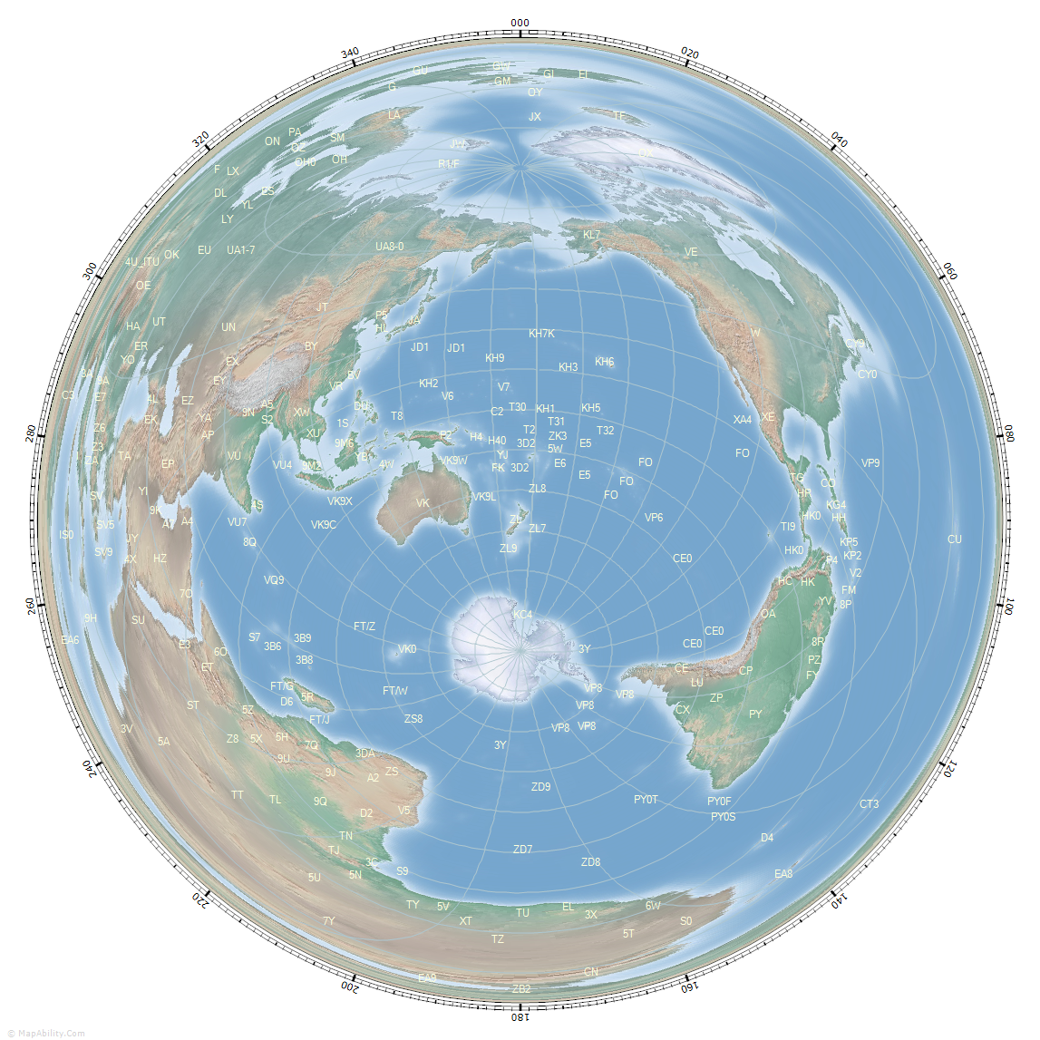 great_circle_map_for_Wellington, New Zealand