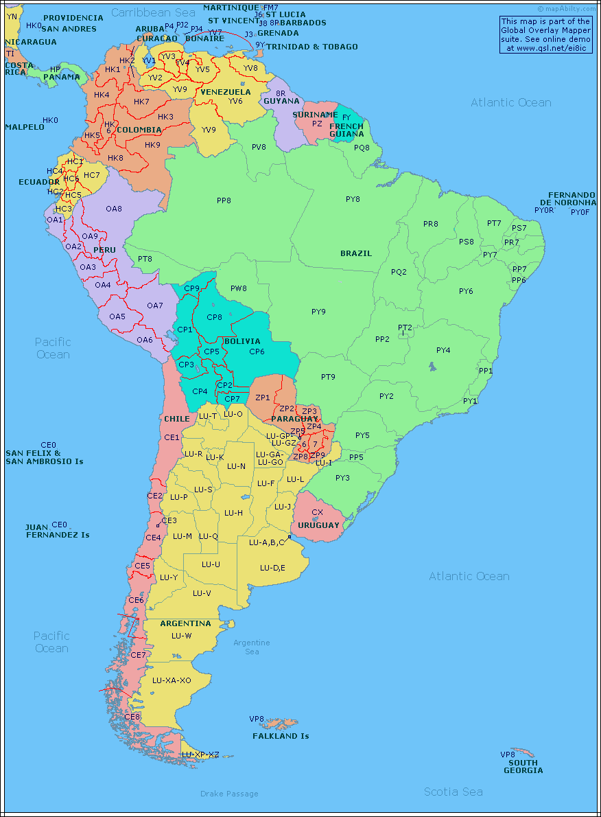 Amateur Radio Prefix Map of South America