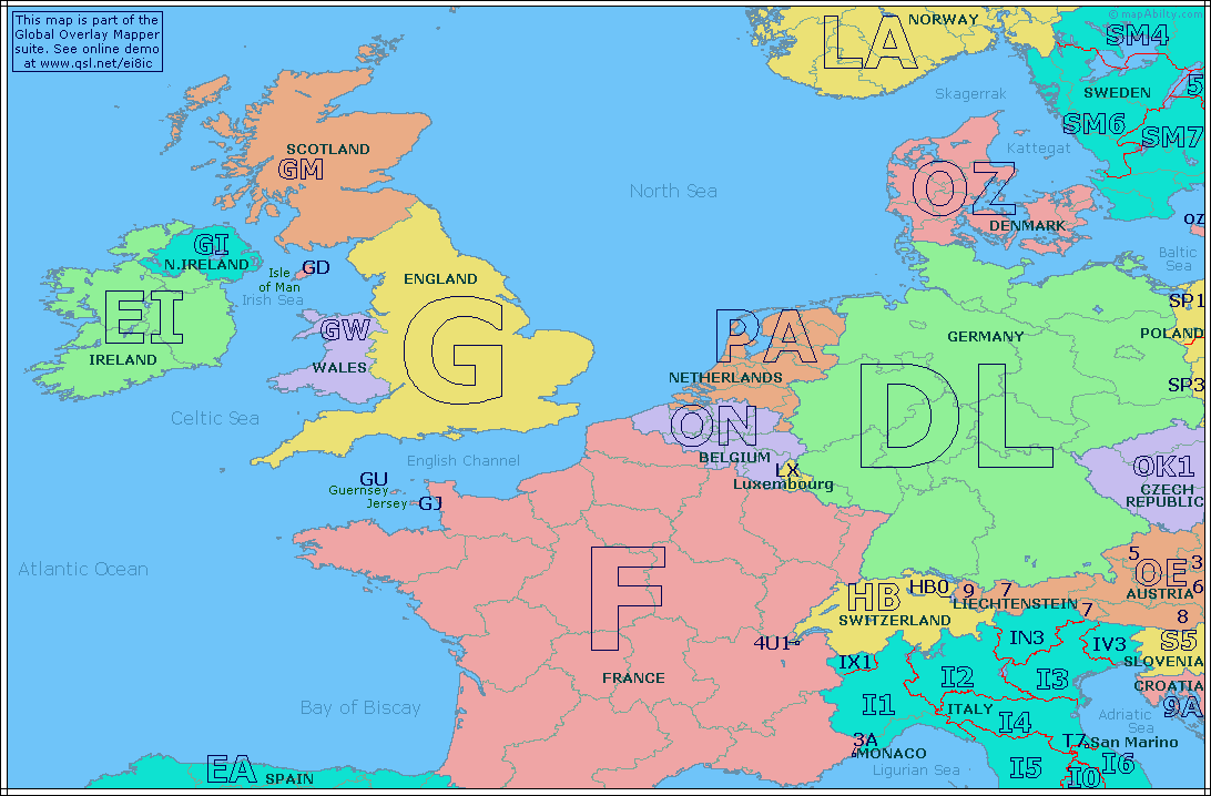 amateur radio prefix map of western europe