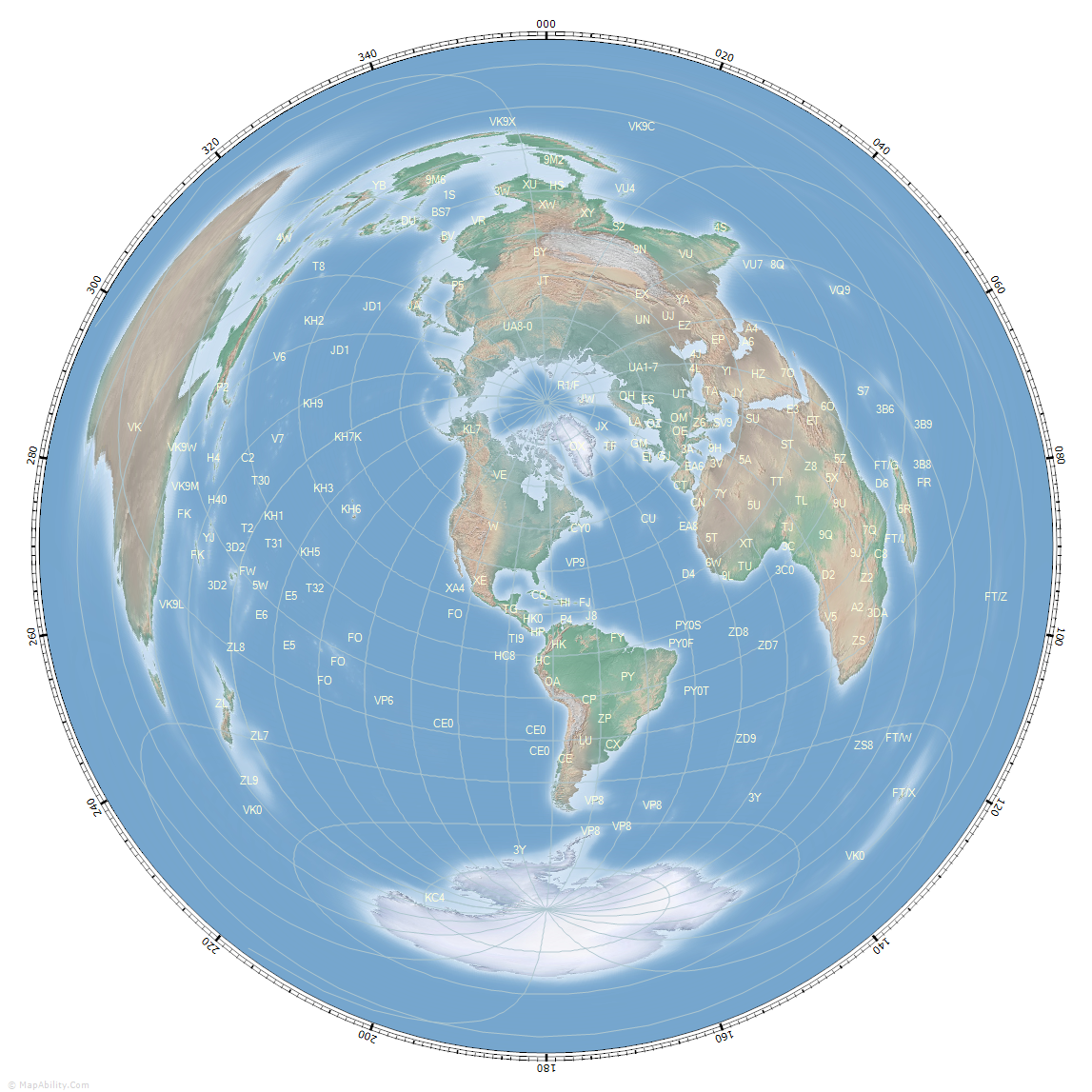 Great circle map centered on Washington, DC from https://www.mapability.com/ei8ic/maps/great_circle/capital_cities/washington_usa_great_circle_map.php