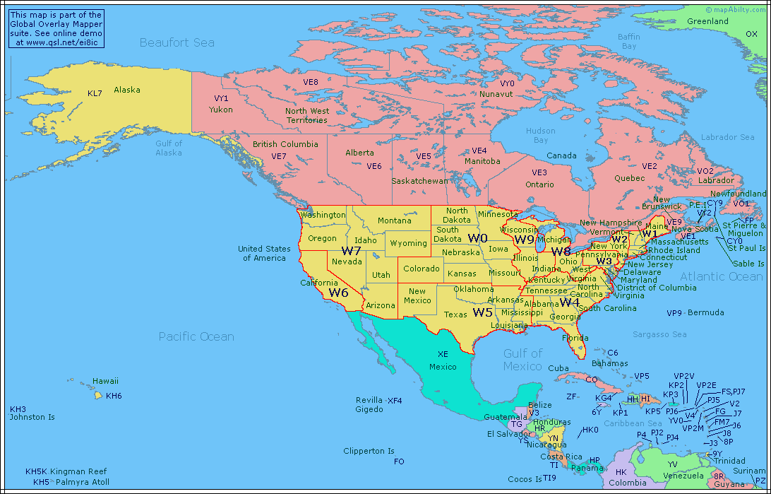 Amateur Radio Prefix Map of North America image photo