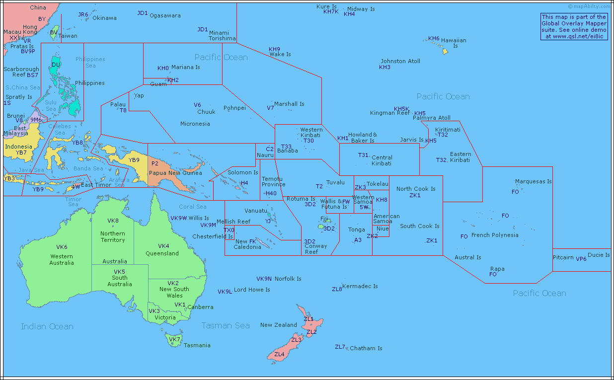 Amateur Radio Prefix Map of Oceania