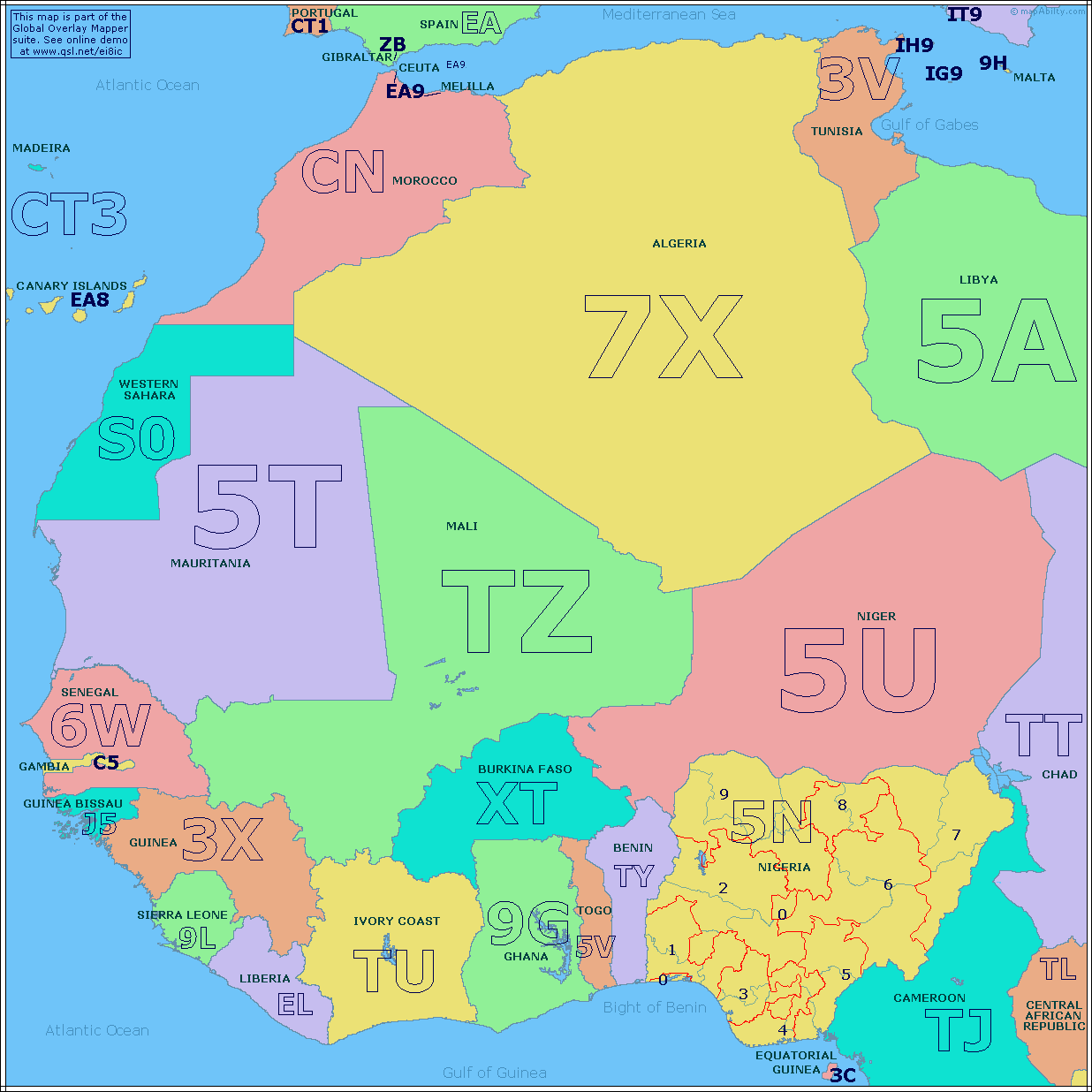 Amateur Radio Prefix Map of West Africa